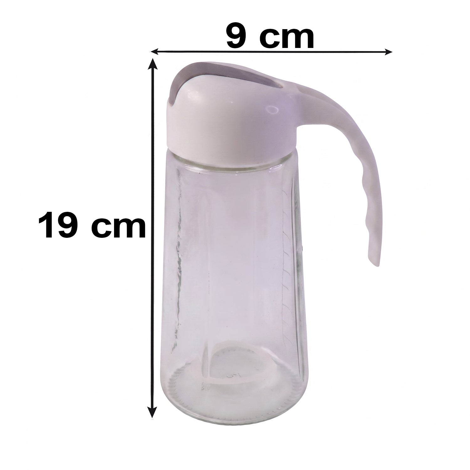 An empty clear glass oil dispenser with a white and gray lid is displayed with its dimensions of 19 cm by 9 cm.