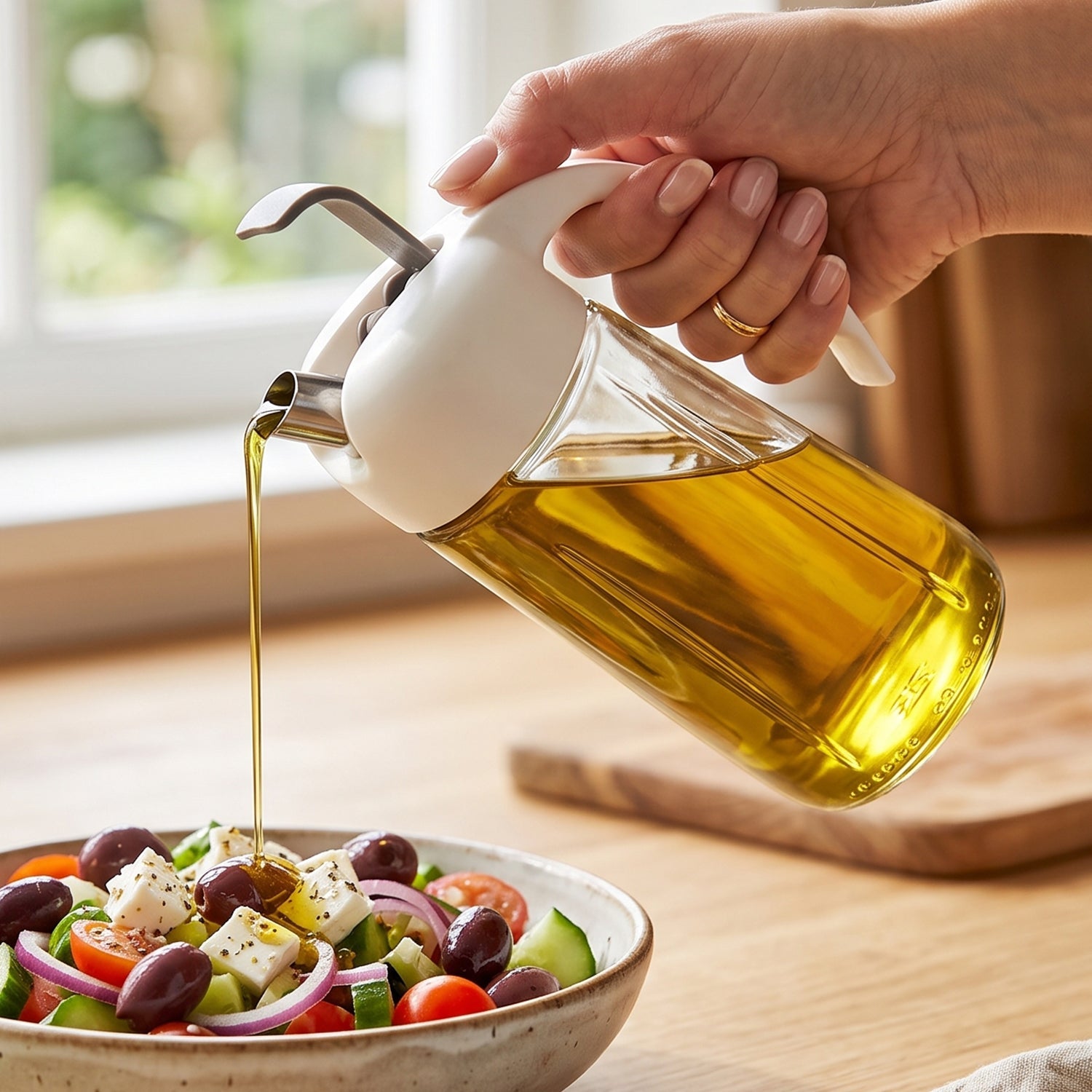 A hand holds a clear glass oil dispenser, pouring golden oil over a colorful salad in a bowl.