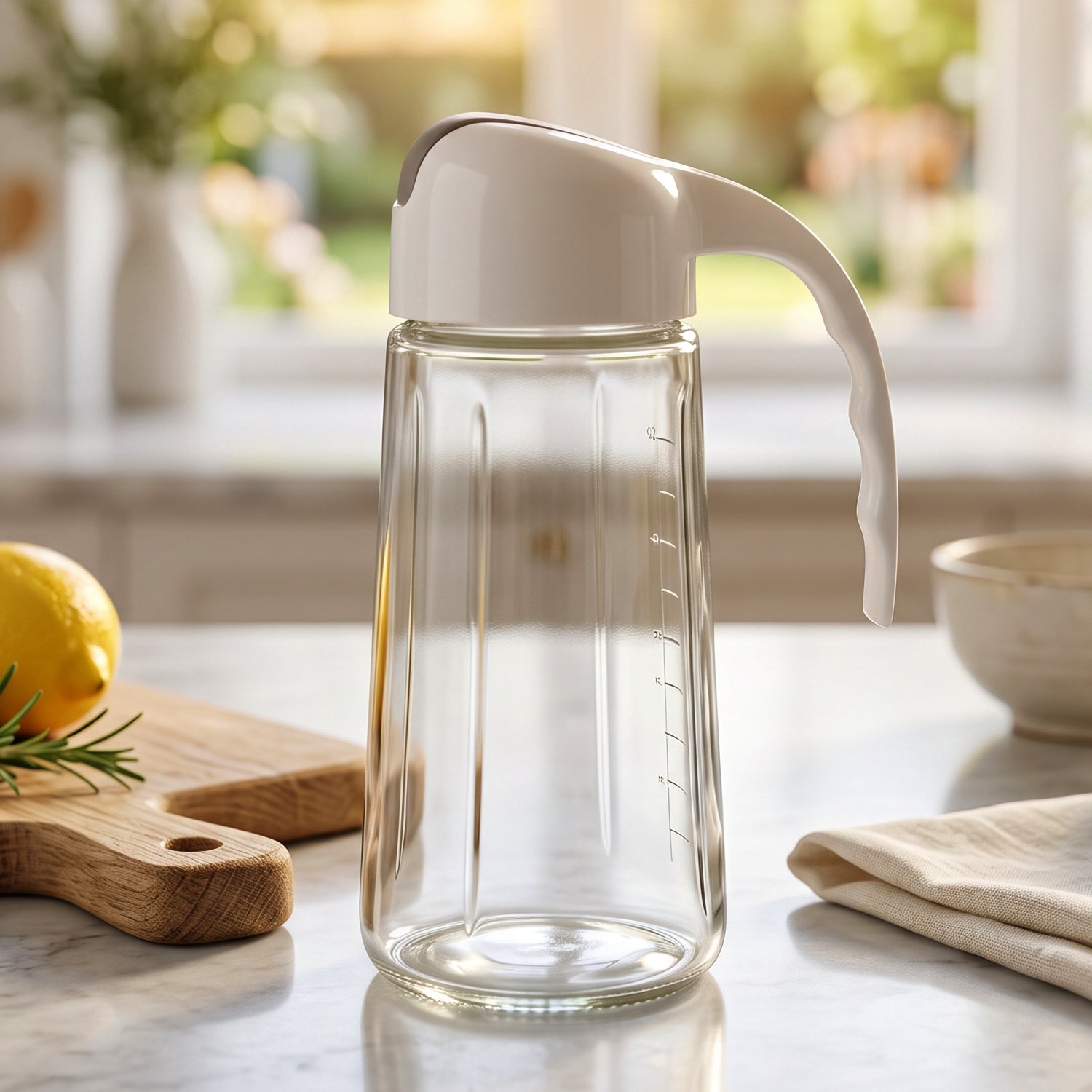 An empty clear glass oil dispenser with a white and gray lid sits on a marble countertop with a lemon and herbs.