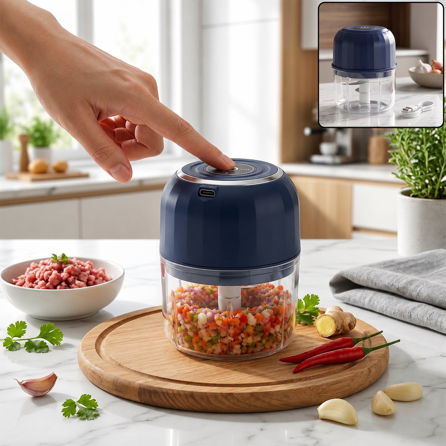 A hand presses the button on a dark blue mini food chopper with a clear glass bowl full of finely chopped vegetables.