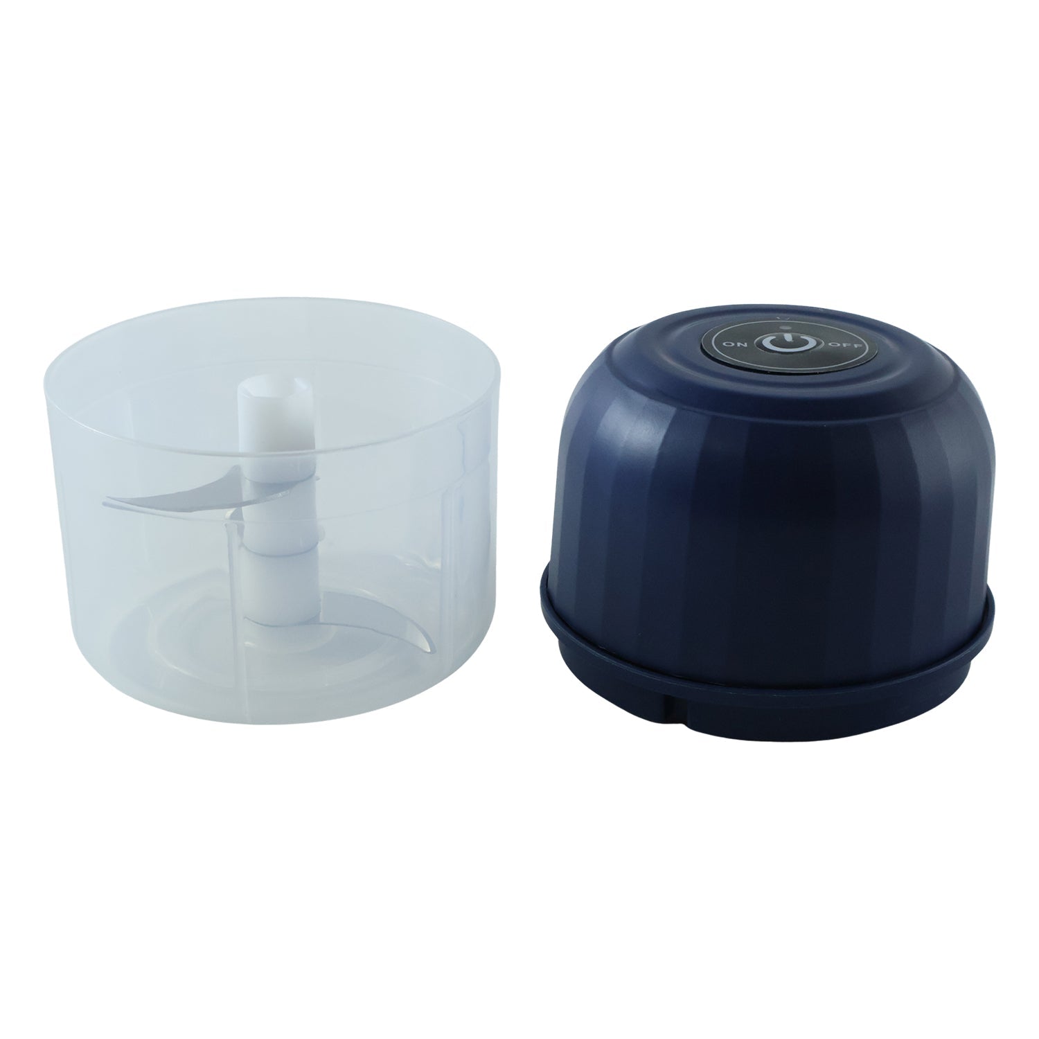The dark blue top and clear plastic bowl with a white blade of the mini food chopper are displayed separately on a white