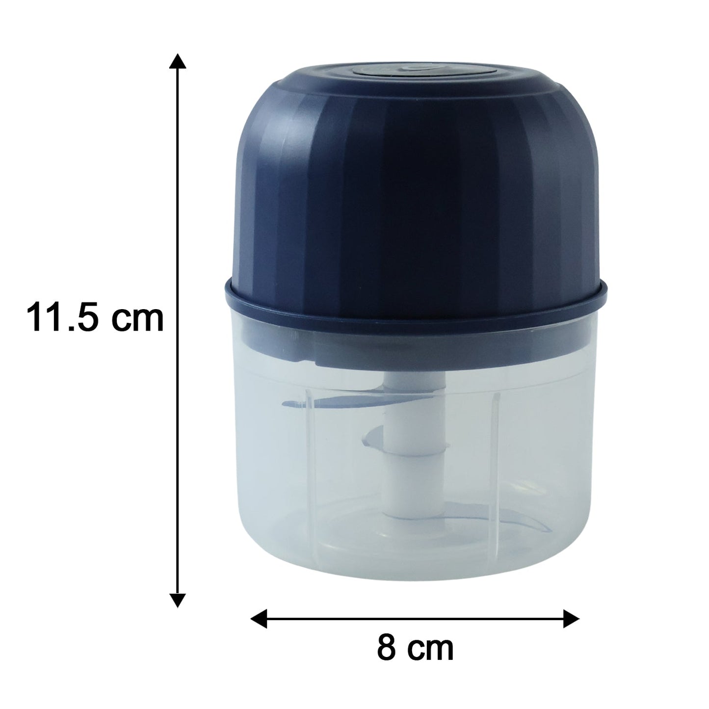 The dark blue mini food chopper is shown with height and width measurements of 11.5 cm and 8 cm respectively.