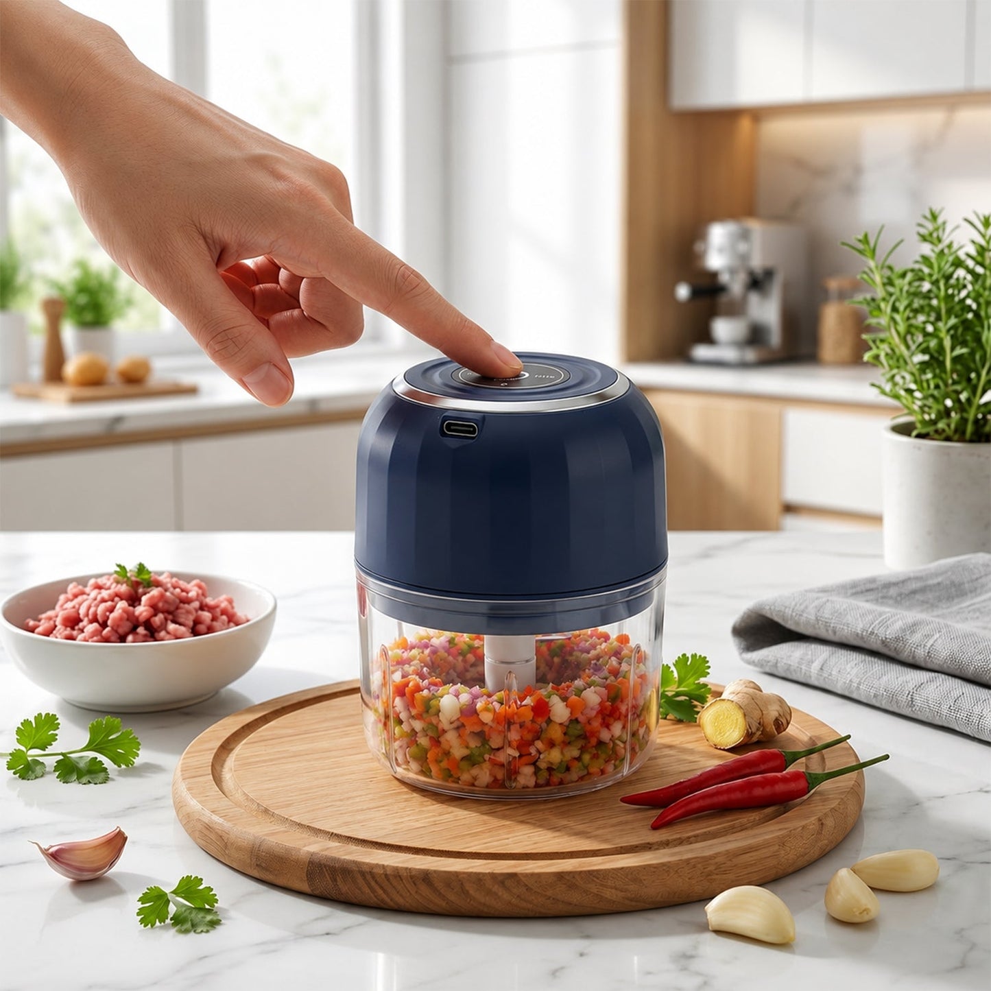 A hand presses the button on a dark blue mini food chopper with a clear glass bowl full of finely chopped vegetables, on a