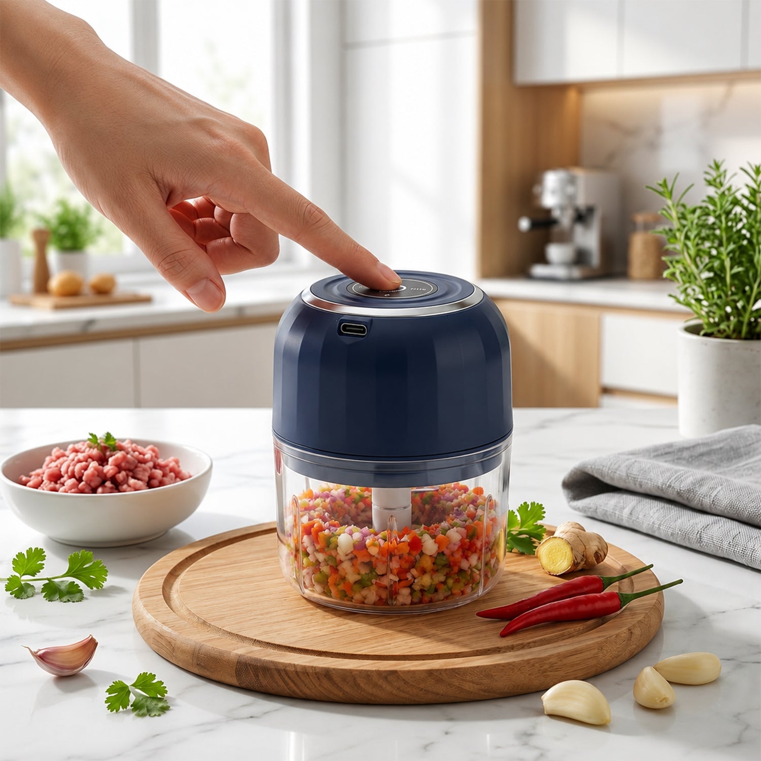 A hand presses the button on a dark blue mini food chopper with a clear glass bowl full of finely chopped vegetables, on a