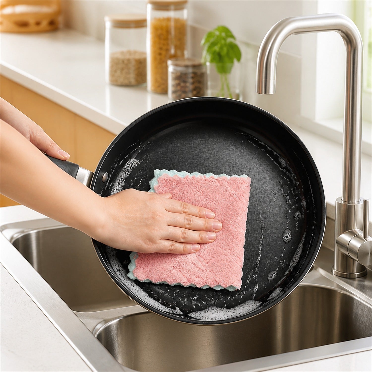 A hand uses a pink and light blue dual-sided microfiber towel to scrub a soapy black frying pan in a kitchen sink.