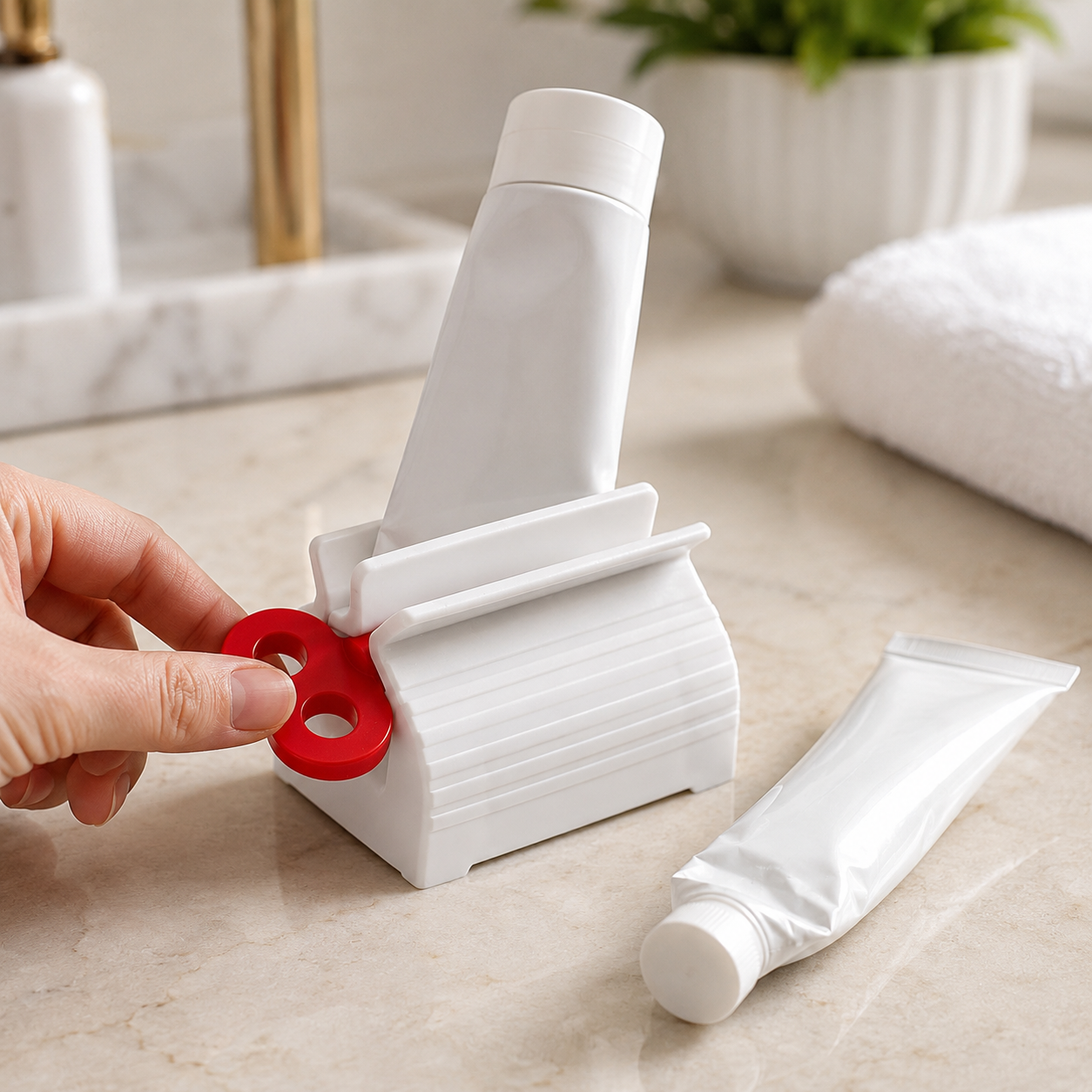 A hand inserts a red winding key into a white plastic tube squeezer, with a toothpaste tube inside.