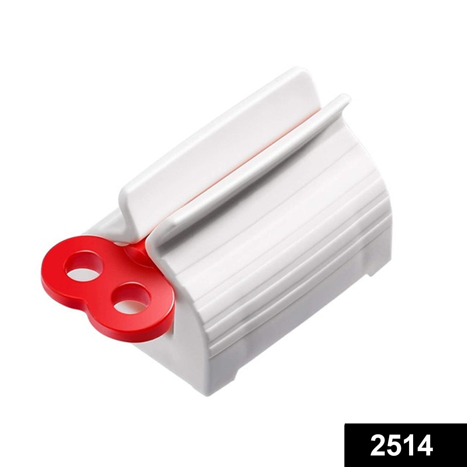 A white plastic tube squeezer with a red winding key is shown on a white background