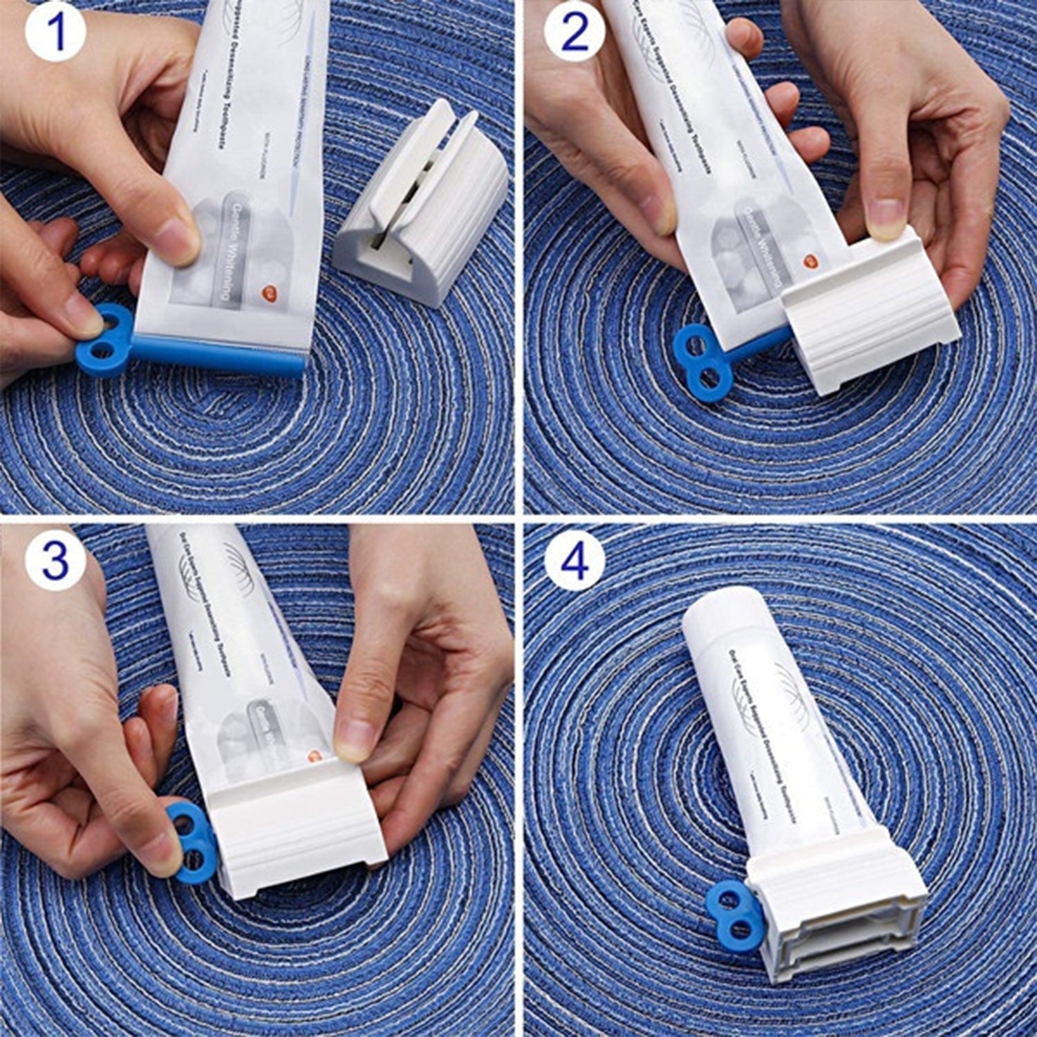 A four-panel image demonstrating how to insert a toothpaste tube into a white squeezer with a blue winding key.