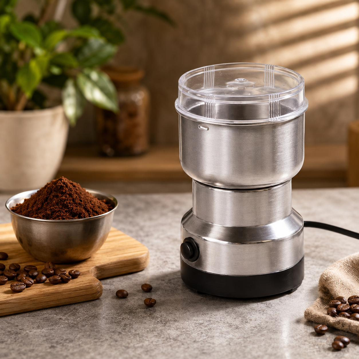 A stainless steel electric grinder sits next to a bowl of ground coffee and whole coffee beans on a wooden board.