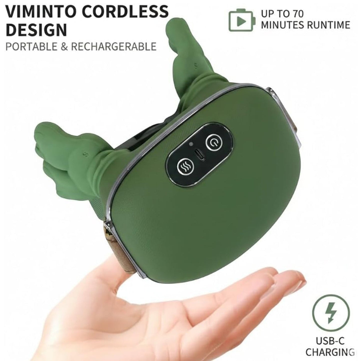 A hand holds a green bionic massager with a brown strap. Text overlays describe 'VIMINTO CORDLESS DESIGN', 'UP TO 70 MINUTES