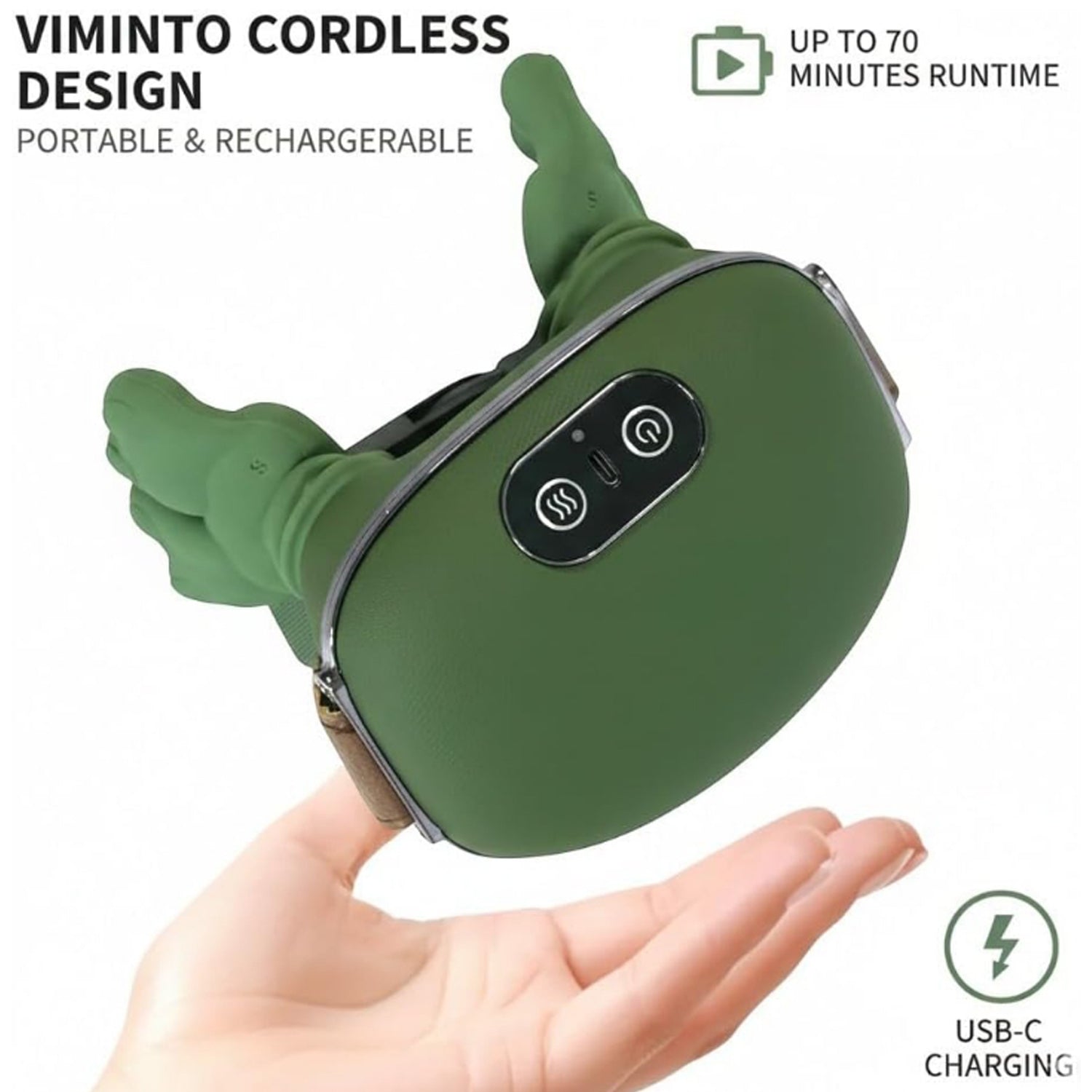 A hand holds a green bionic massager with a brown strap. Text overlays describe 'VIMINTO CORDLESS DESIGN', 'UP TO 70 MINUTES