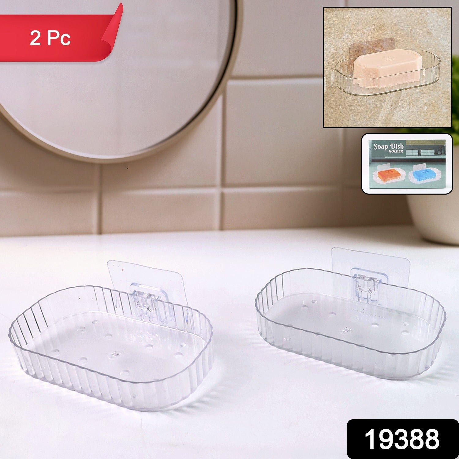 No-drill transparent bathroom soap dish rack mounted on tile
