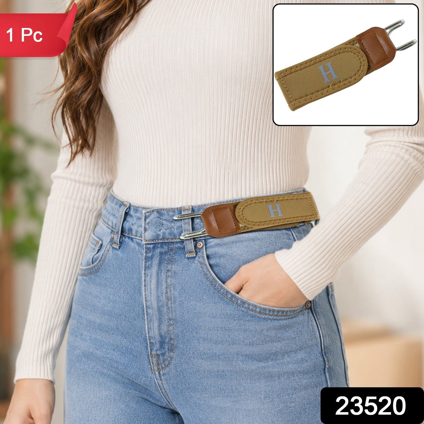 A woman models a camel elastic belt with an 'H' and silver hooks, with a small inset showing the belt's detail.