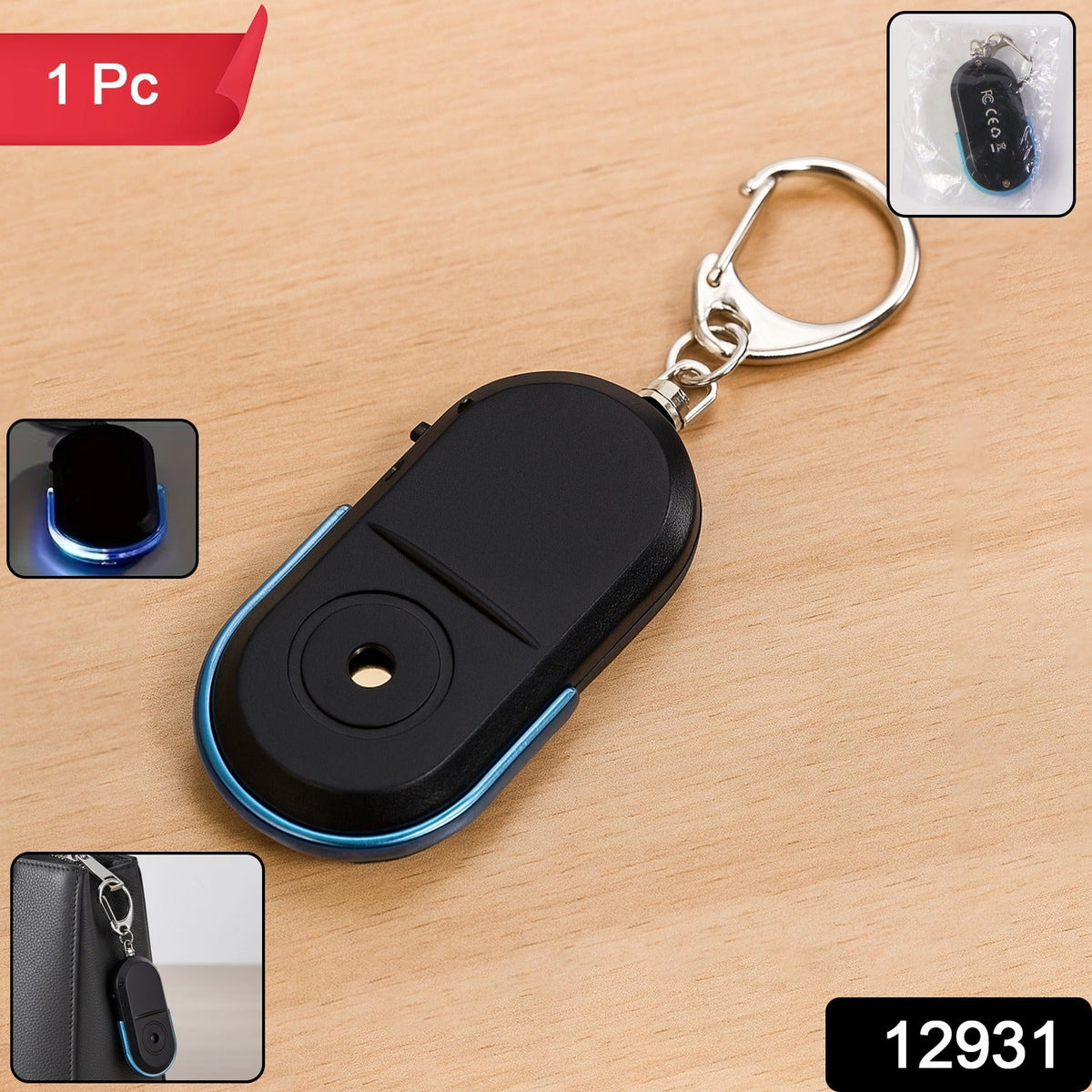 A hand holds a black and blue personal safety alarm keychain with a bright LED light shining forward.