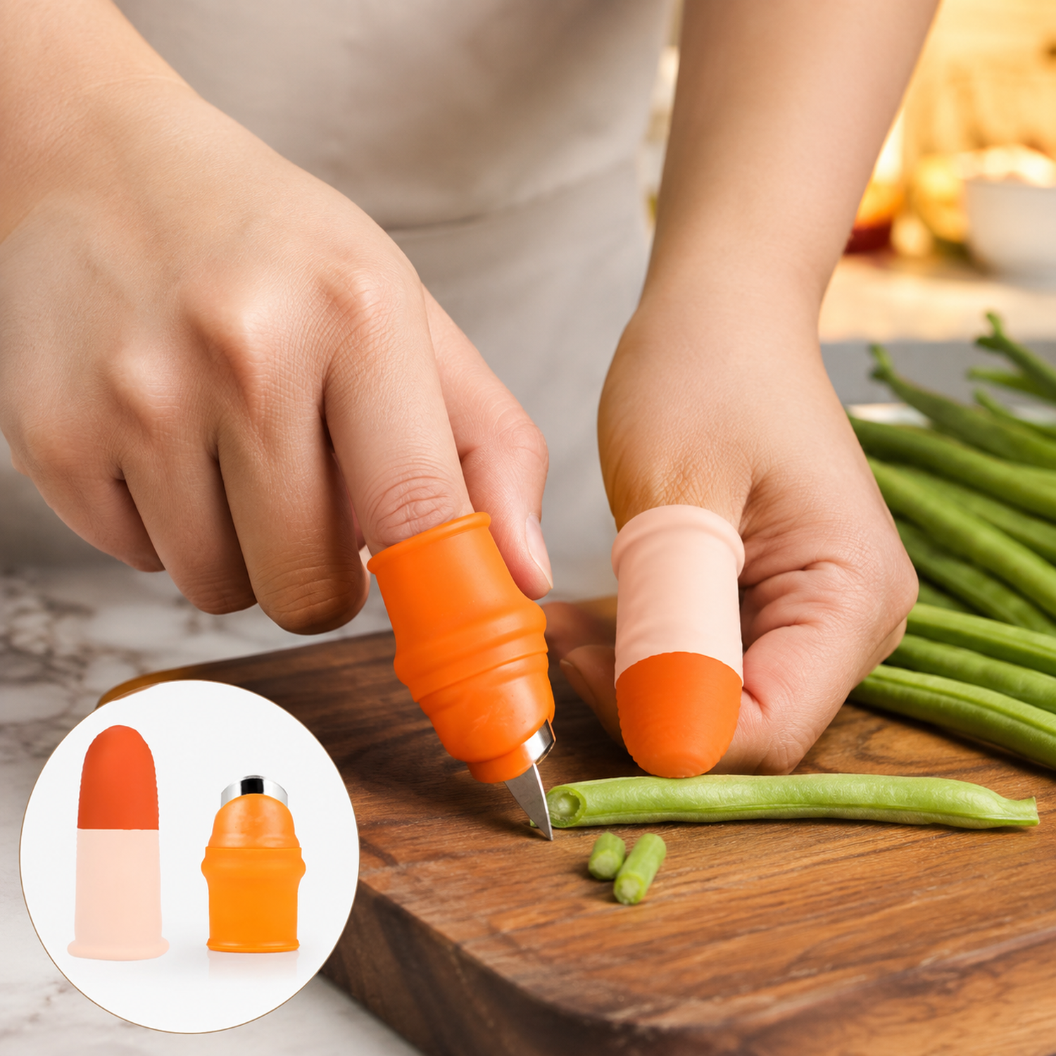 A person wearing an orange thumb cutter and a beige finger protector, trimming green beans on a wooden cutting board.