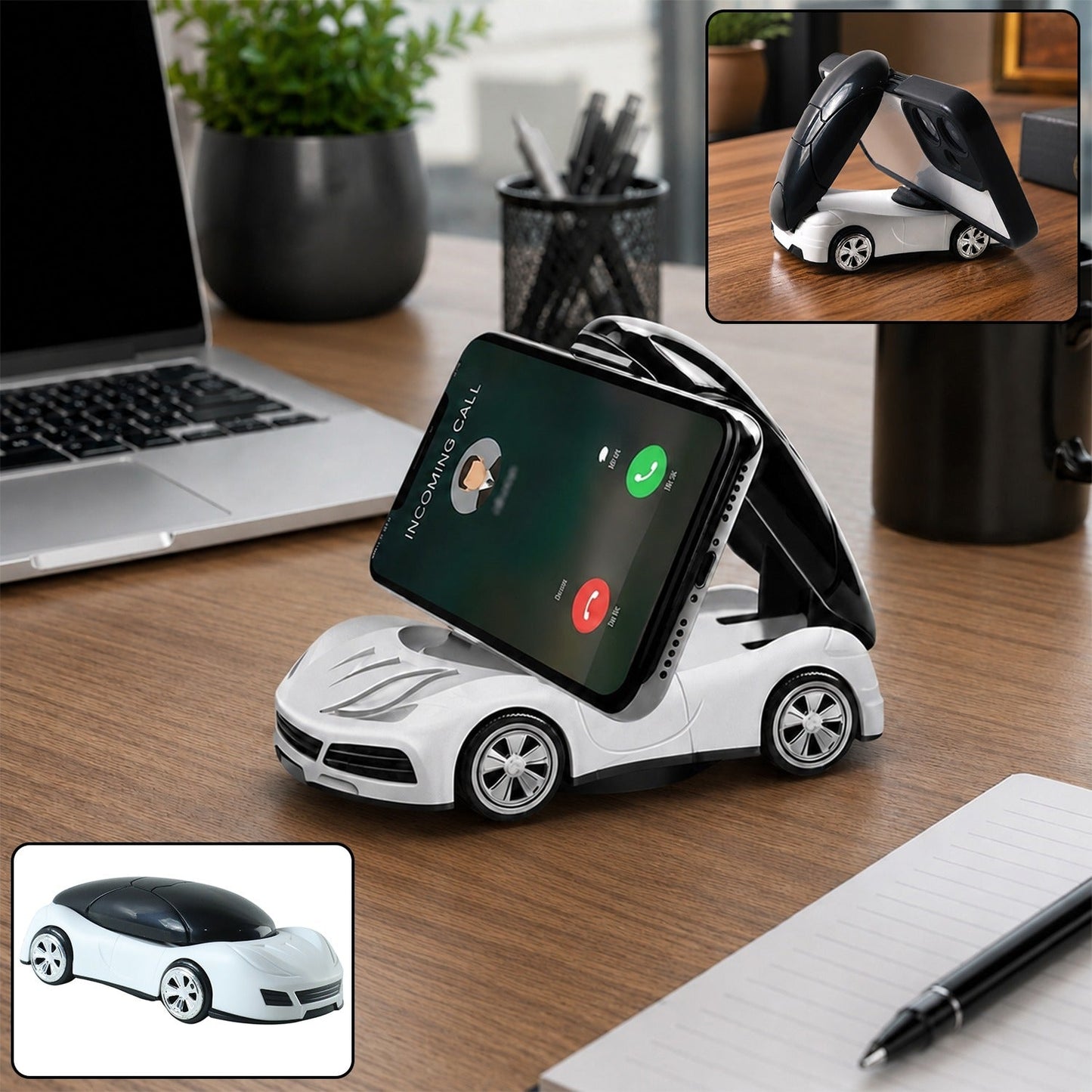 A white car-shaped phone holder with a black smartphone showing an incoming call is on a wooden desk next to a laptop.