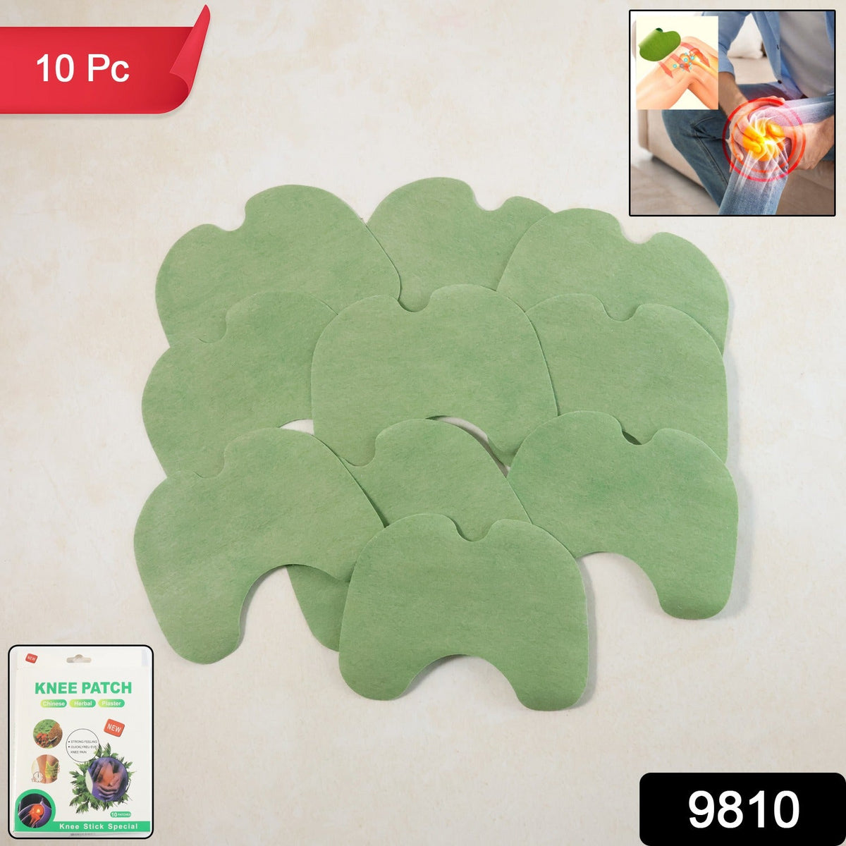 Ten green, contoured knee patches are spread out, with a small package and a diagram in the corners.