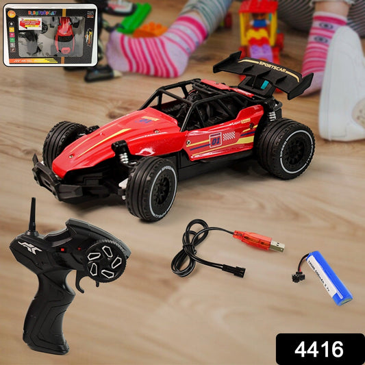 High-speed remote control racing car in bold red with off-road tires
