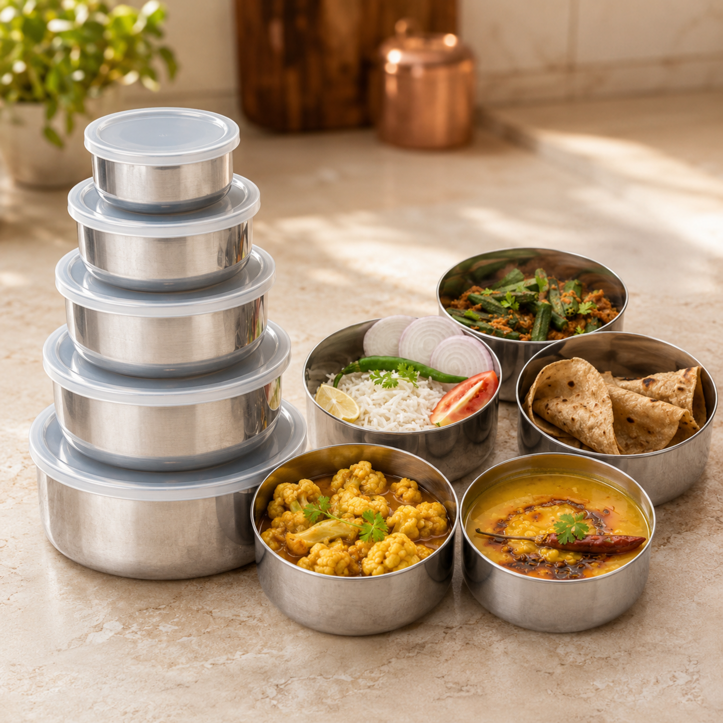 A stack of five stainless steel food containers with clear lids, alongside four open containers filled with various Indian