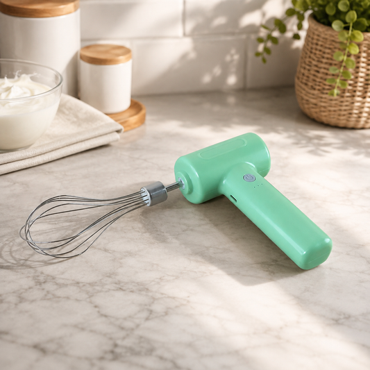 Light green cordless electric whisk with a stainless steel attachment on a marble counter next to a bowl of cream.