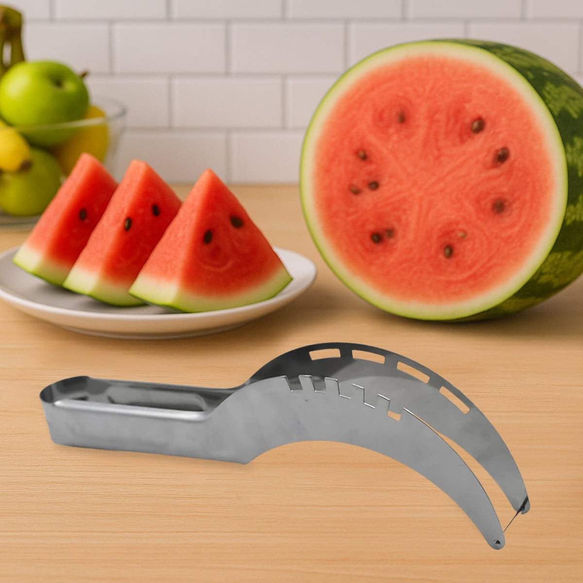 A silver stainless steel watermelon slicer rests on a wooden table next to a half watermelon and three slices.