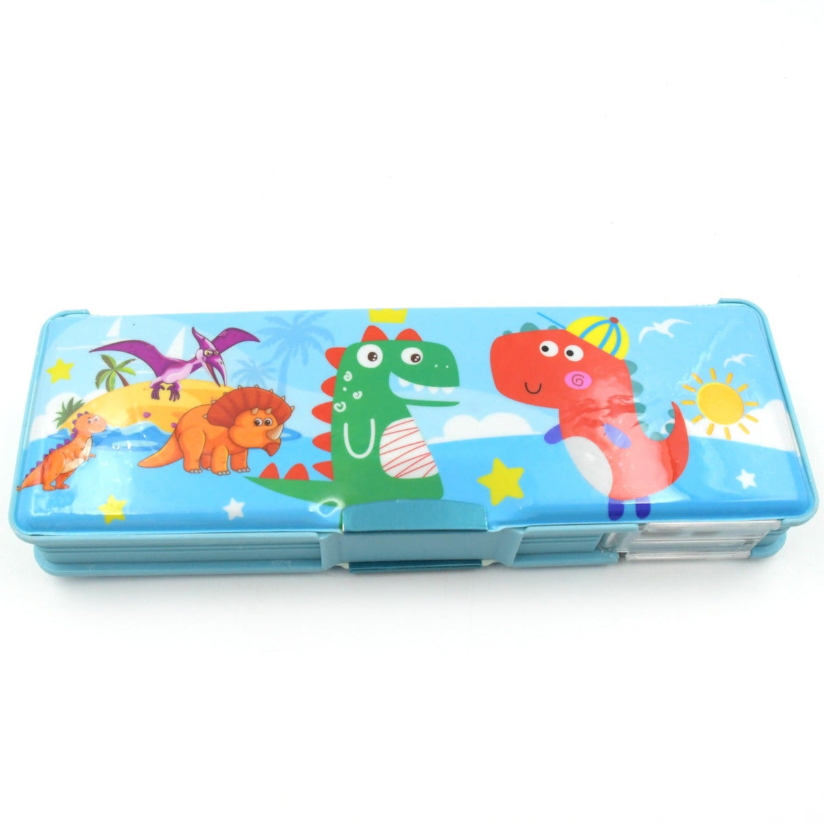 Blue pencil case with various cartoon dinosaurs and a sunny beach scene, viewed from a slight angle.