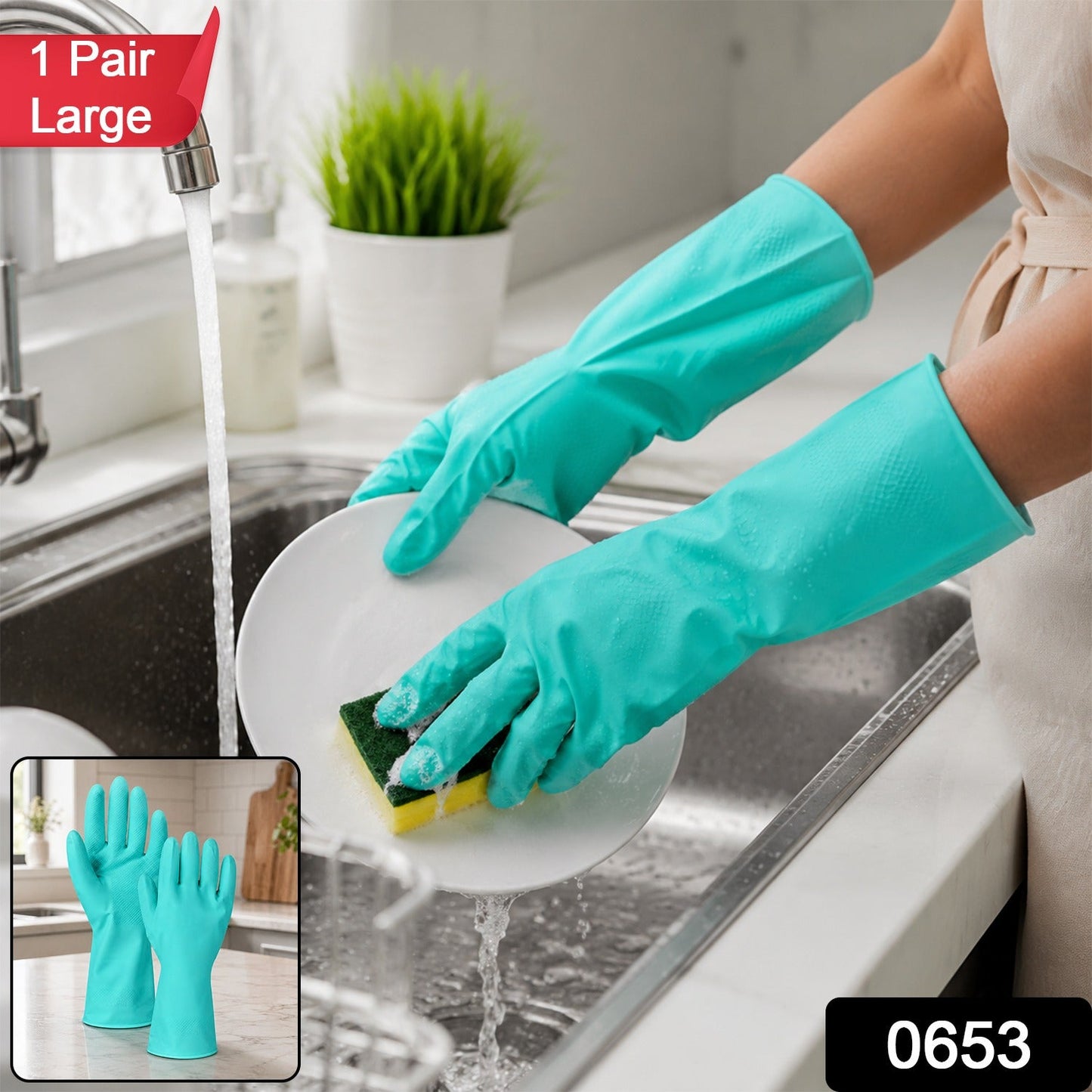 A person wearing teal rubber gloves washes a white plate under running water in a kitchen sink, with a small inset showing