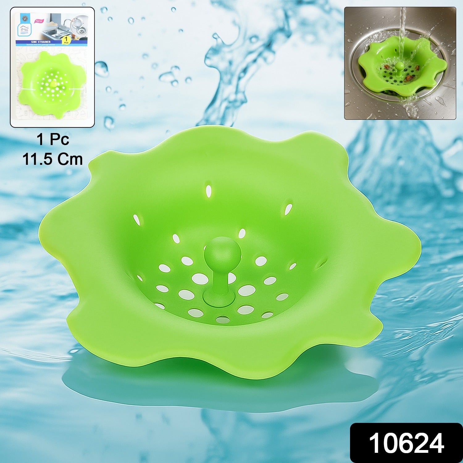 Silicone sink drain hair catcher placed in a kitchen sink to prevent clogging.