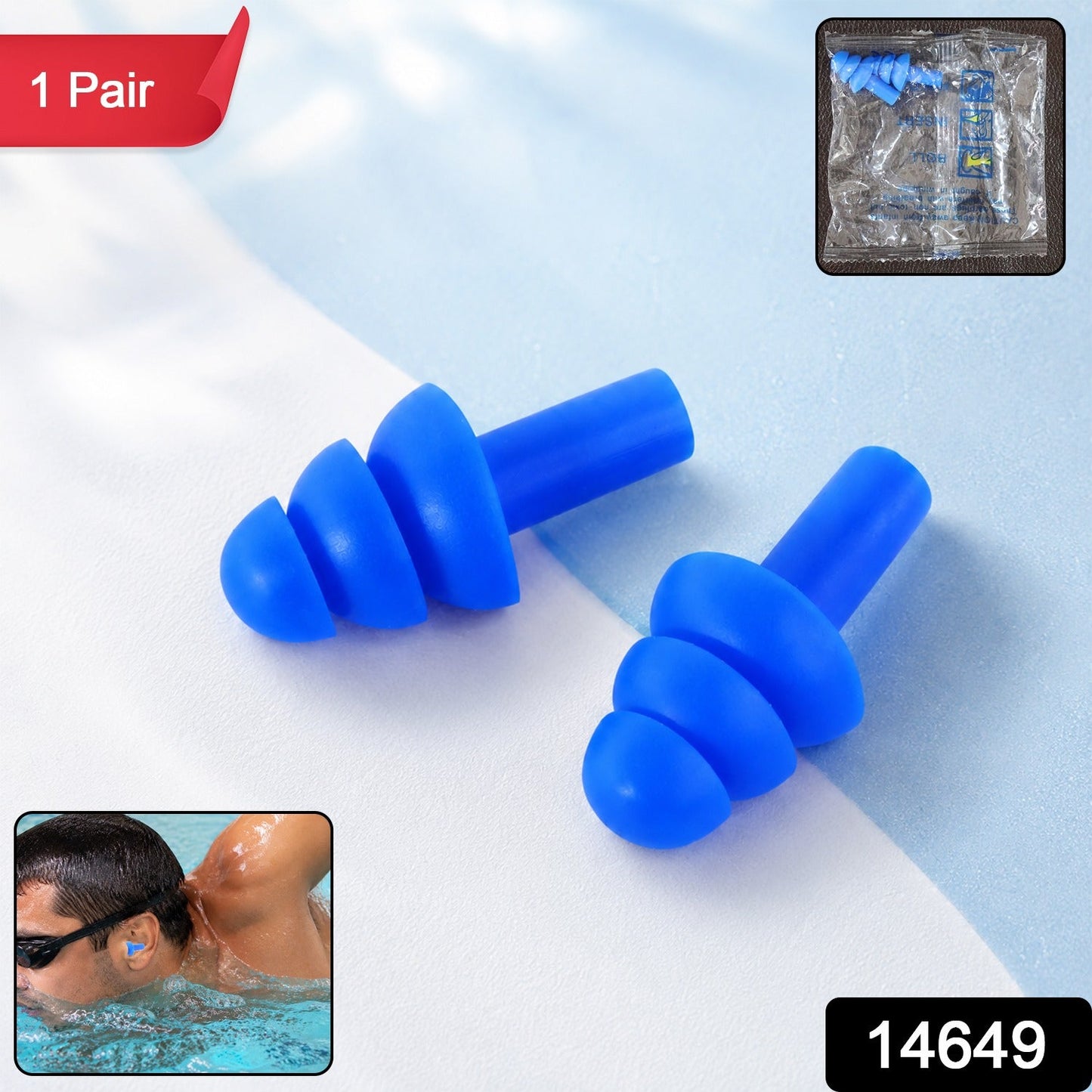Two blue silicone earplugs are displayed on a white and blue surface, with an inset of a man swimming and packaged earplugs.
