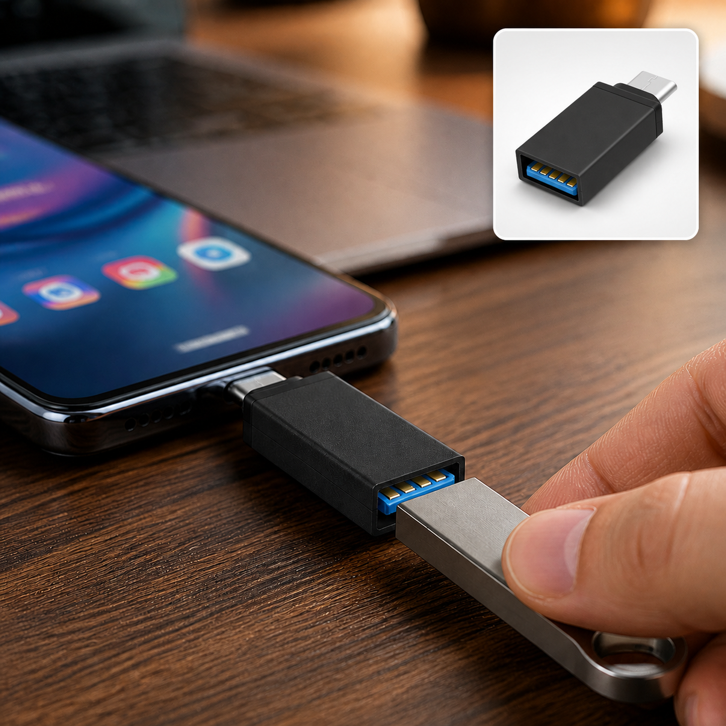 A hand inserts a silver USB drive into a black USB-C OTG adapter connected to a smartphone. The adapter is also shown in an