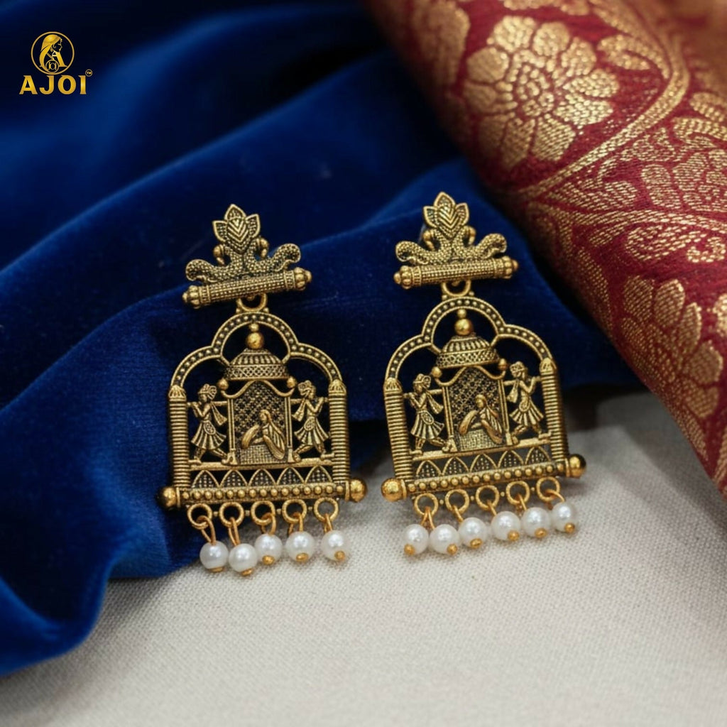 Royal Doli Motif Gold-Tone Temple Earrings with Pearl Danglers