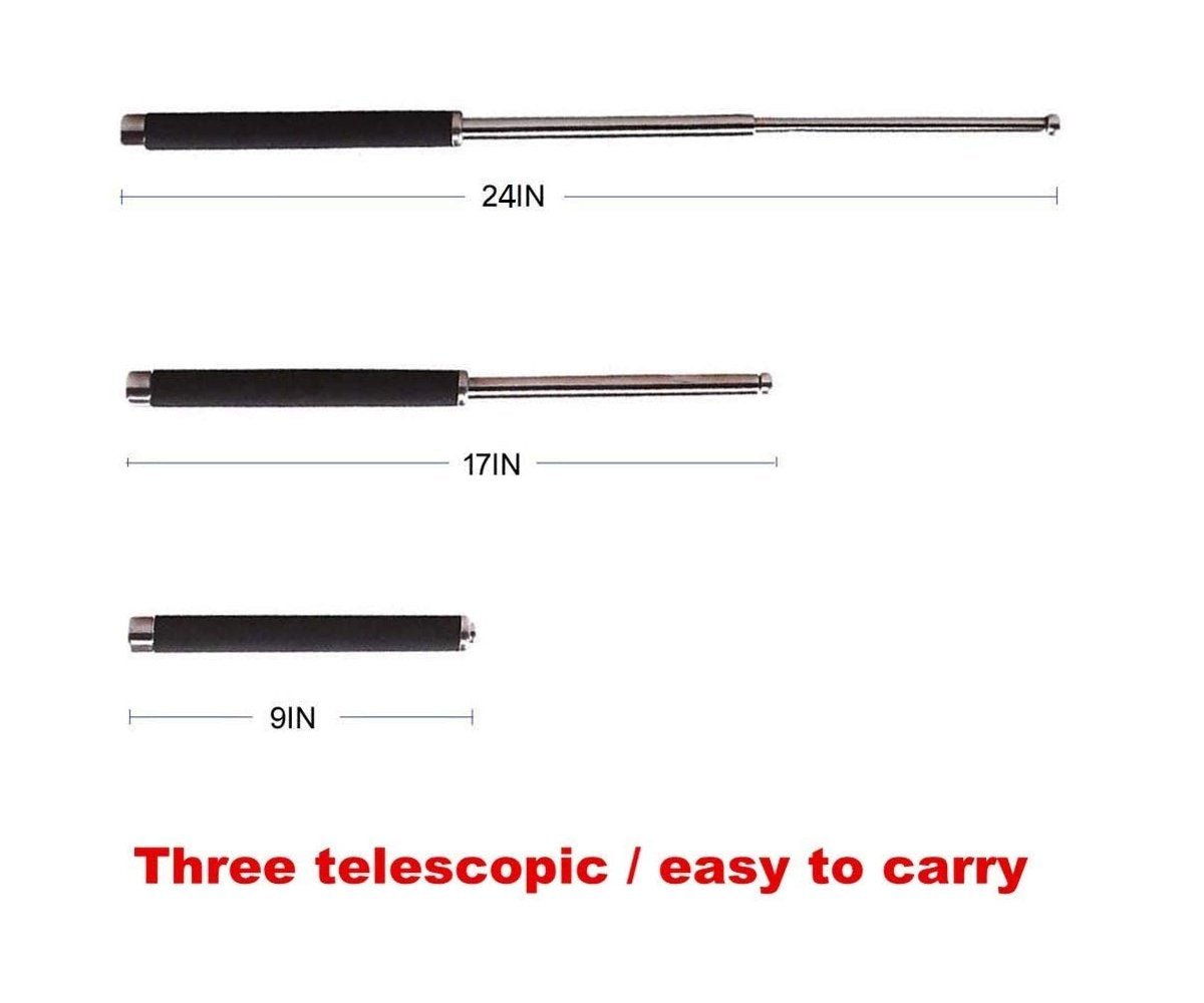The multi-function collapsible metal self-defense stick with foam grip ready for use.