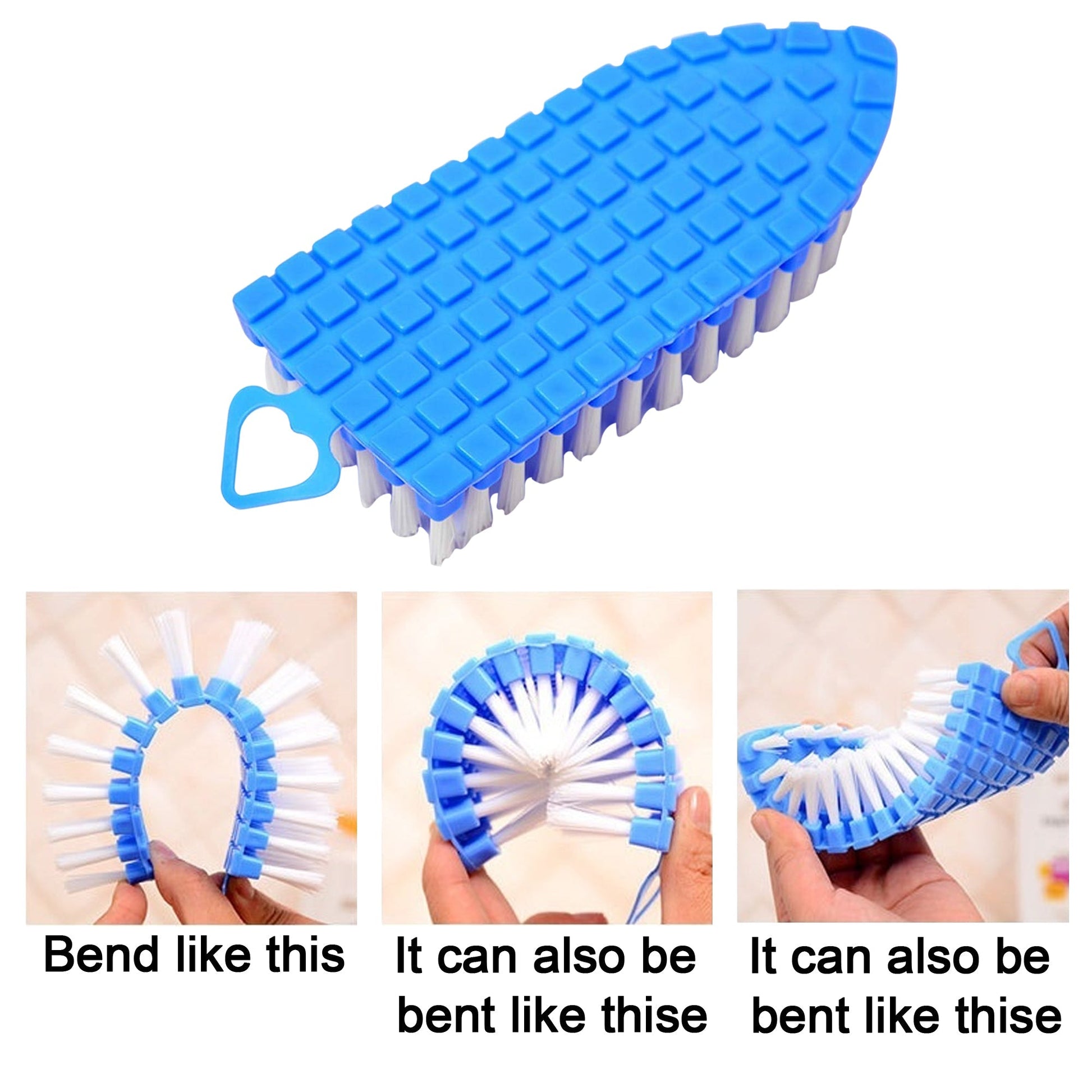 A flexible cleaning brush bending to clean under a faucet.