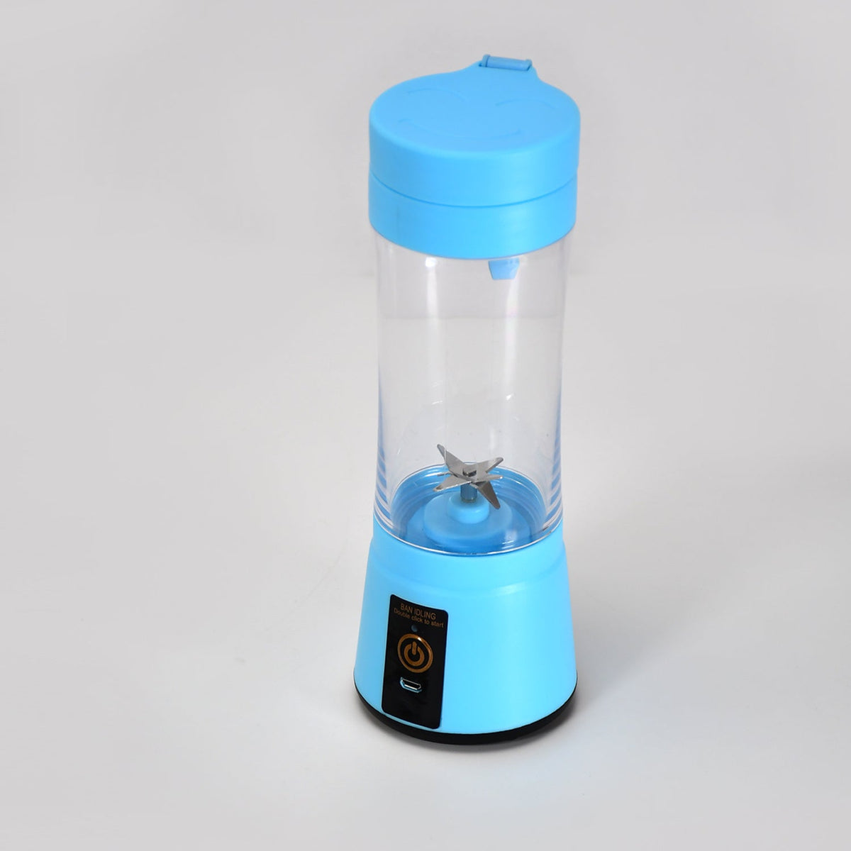 A light blue portable juicer blender with a clear cup and a silver six-blade assembly is centered on a white background.