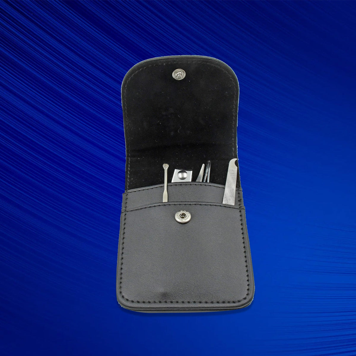An open black leather case with silver manicure tools inside stands upright against a vibrant blue background.