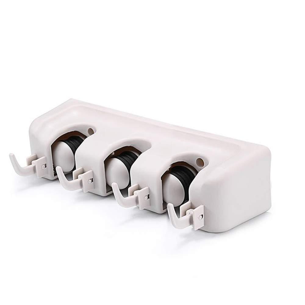 White three-slot wall-mounted mop and broom holder with three hooks, shown on a plain white background.