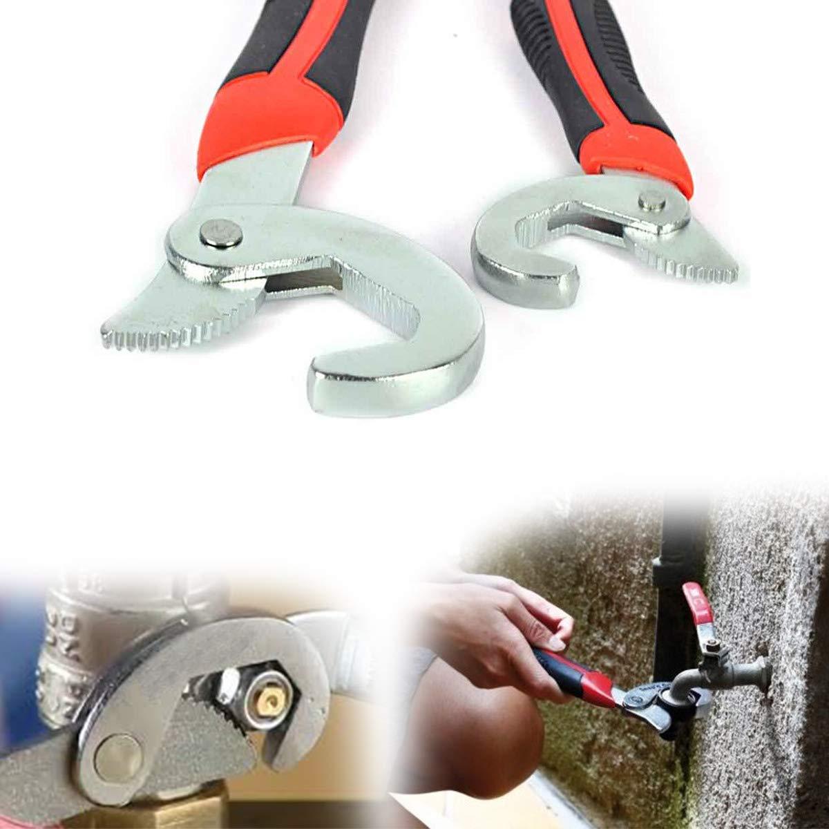 A large and small wrench are shown on a white background, with two insets showing a wrench on a pipe and a hand using a