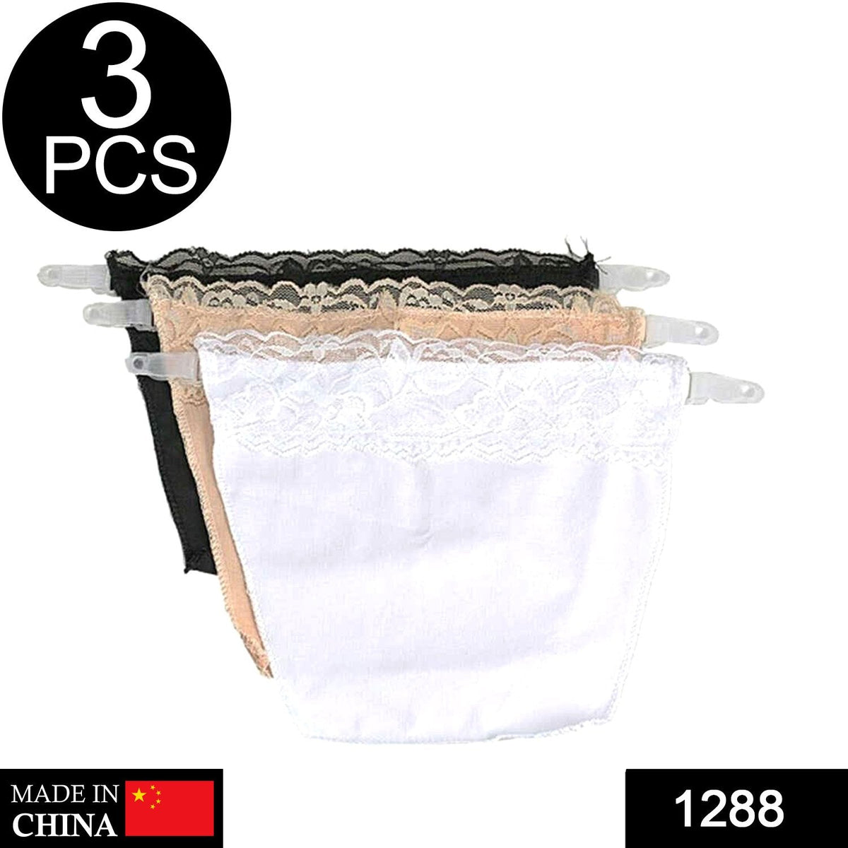 Three clip-on modesty camisoles in black, beige, and white with lace trim, with a '3 PCS' label.