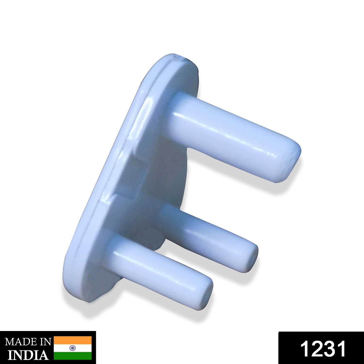 A white 3-pin socket cover is angled on a white background, with 'MADE IN INDIA' and '1231' labels.