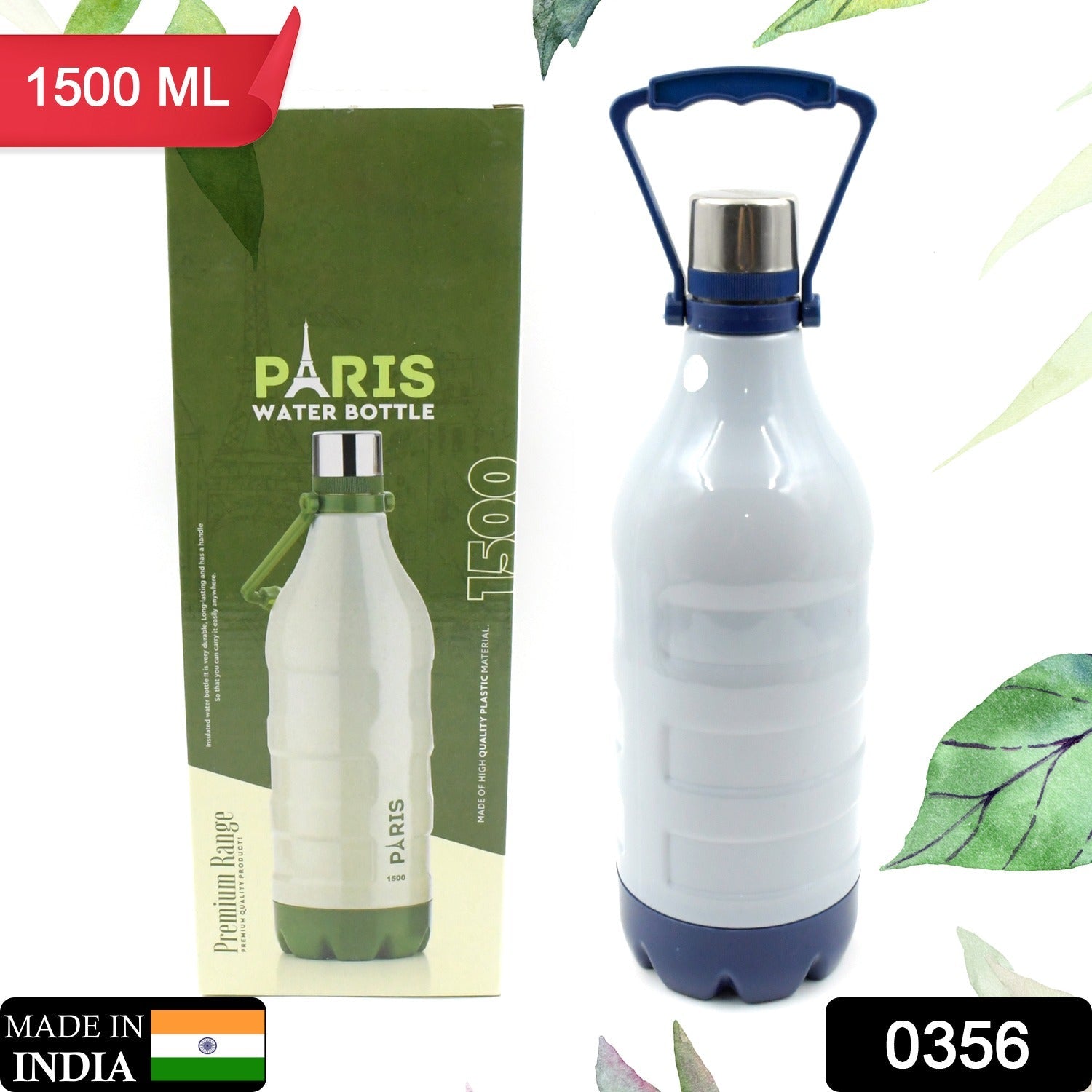 White and blue water bottle next to its green and white packaging, with a