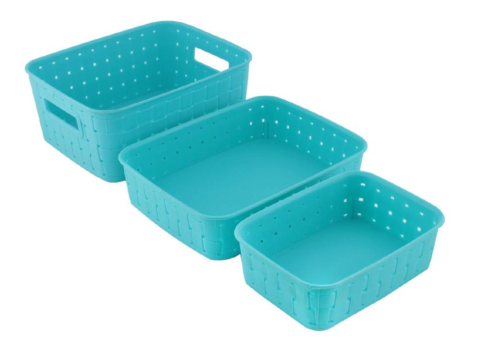 Three sky blue plastic storage baskets of varying sizes arranged diagonally on a white background.