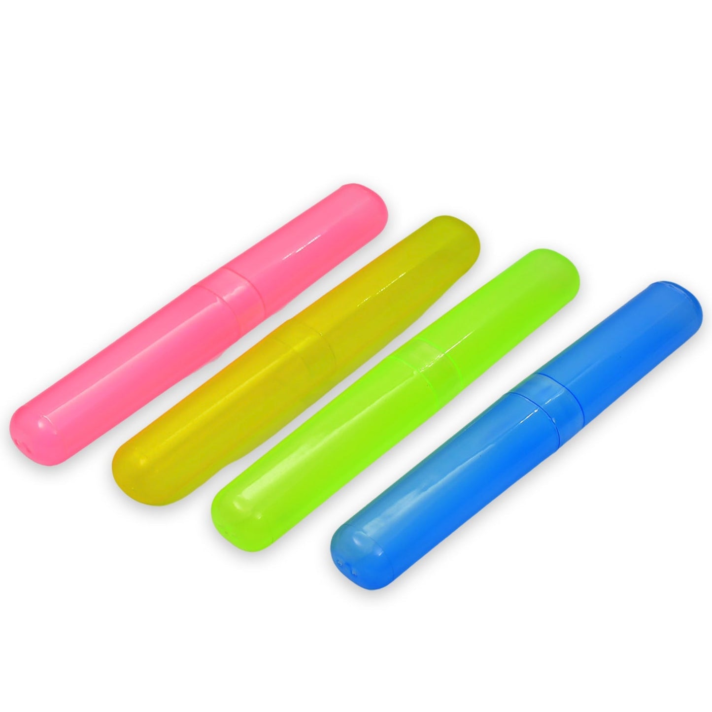 Four vibrant toothbrush cases in pink, yellow, lime green, and blue, arranged diagonally on a white background.