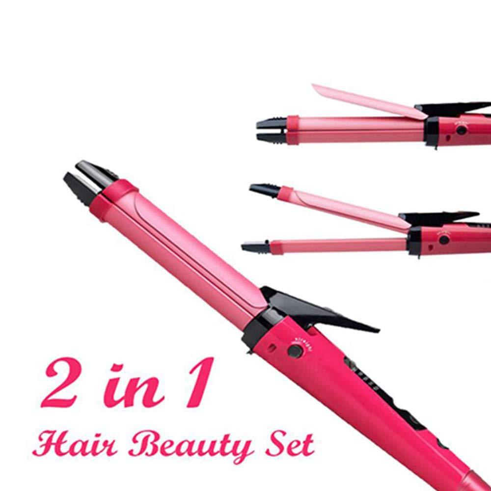 Close-up of the pink 2-in-1 hair beauty set, highlighting its straightener and curling iron functions.