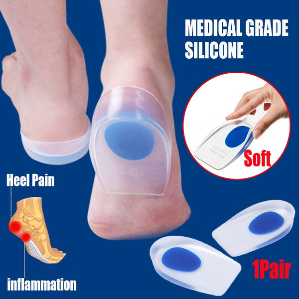 A person's bare feet wear clear gel heel cups with blue centers, with text highlighting pain relief and medical-grade