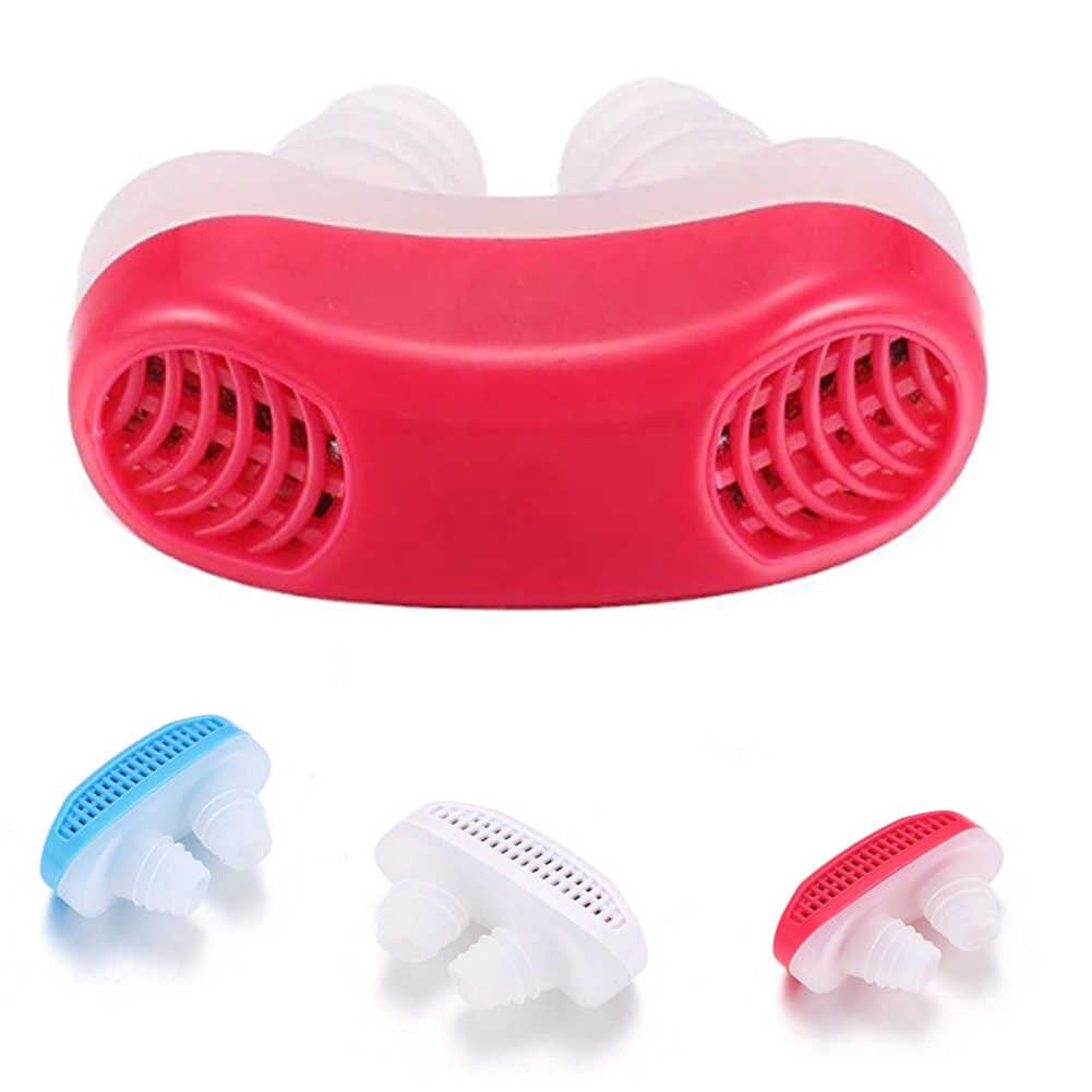 A red and white anti-snoring nose clip, with smaller blue, white, and red clips below it.