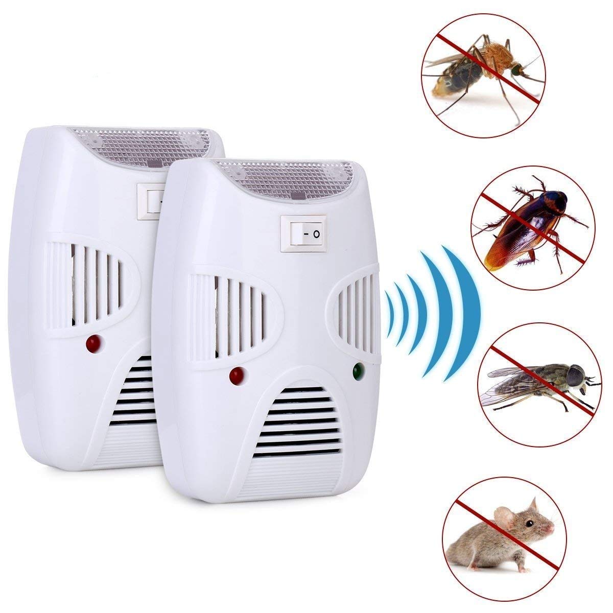 Two white ultrasonic pest repellers with red and green indicator lights, next to images of a mosquito, cockroach, fly, and