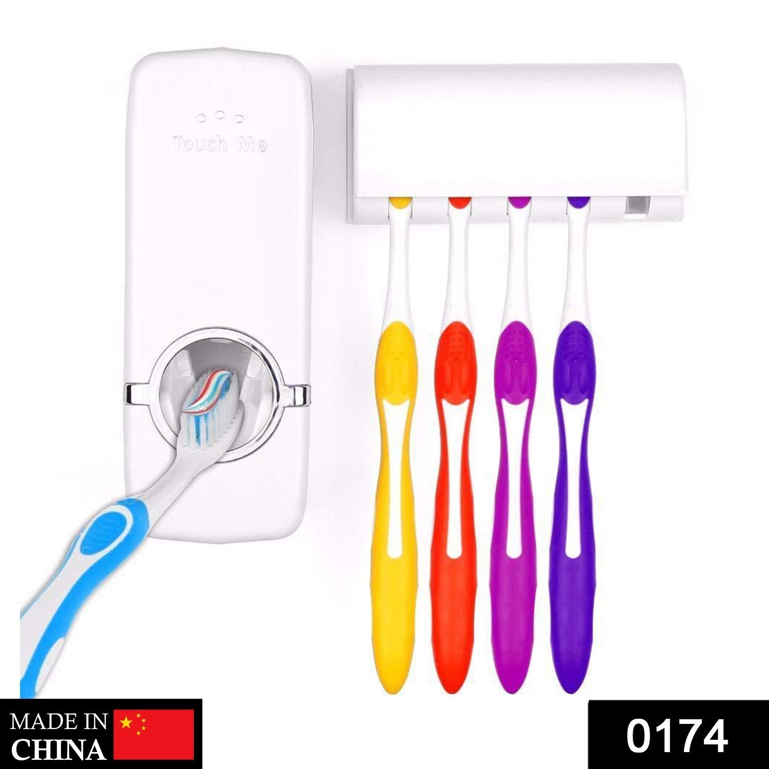 White automatic toothpaste dispenser and toothbrush holder with four colorful toothbrushes against a white background.