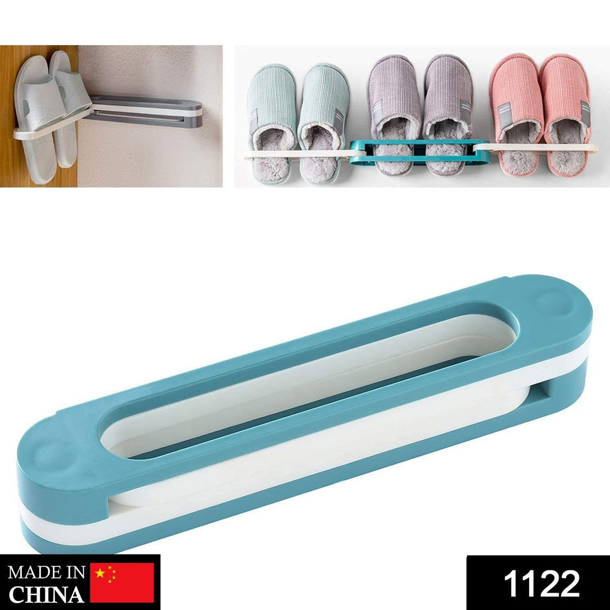 A teal and white folding shoe rack is displayed against a white background with smaller insets showing it in use.