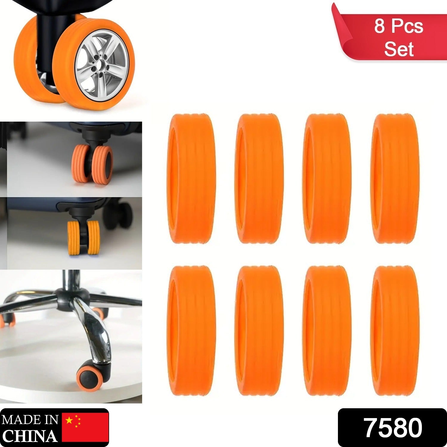 Collage showing orange silicone wheel covers on chair wheels and eight loose covers, with '8 Pcs Set' and 'Made in China'