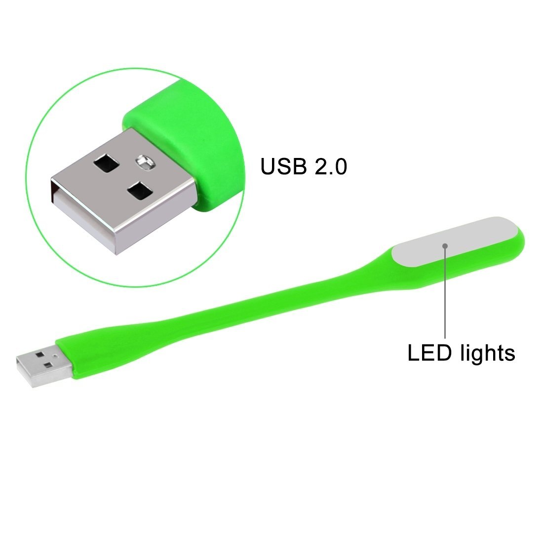 A green flexible USB LED lamp with a close-up of its USB 2.0 connector and a label pointing to the LED lights.